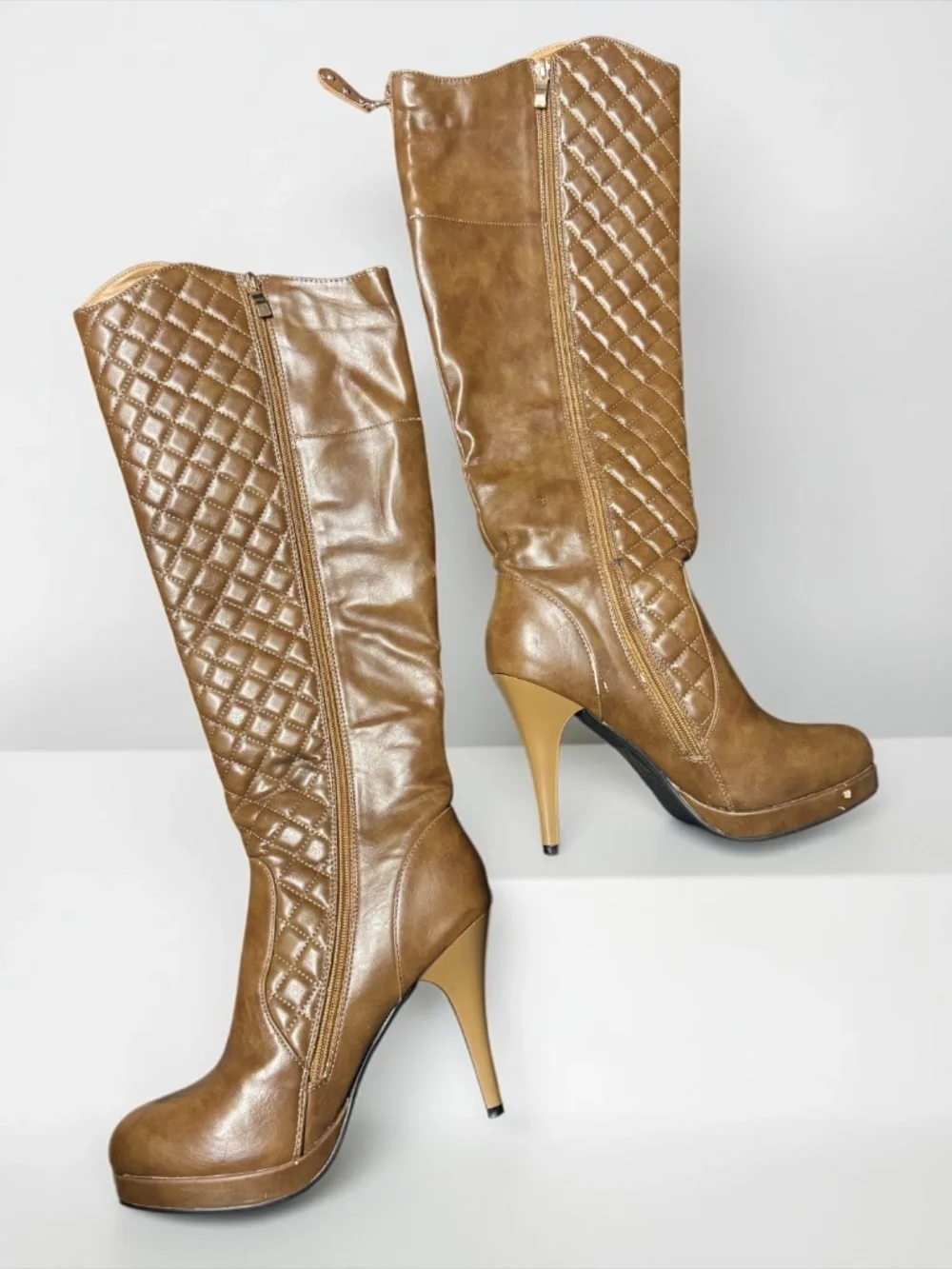 Reneeze Brown Quilted Over The Knee Heeled Boots Size 9